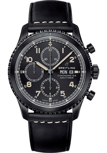 Breitling Aviator 8 Chronograph 43 Watch - Black Steel Case - Black Dial - Black Leather Strap - M13314101B1X1 - Luxury Time NYC