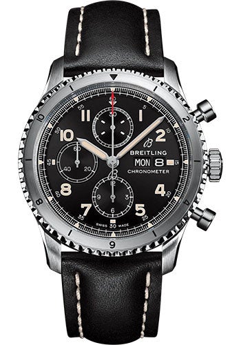 Breitling Aviator 8 Chronograph 43 Watch - Stainless Steel - Black Dial - Black Calfskin Leather Strap - Folding Buckle - A13316101B1X2 - Luxury Time NYC