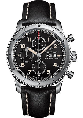 Breitling Aviator 8 Chronograph 43 Watch - Stainless Steel - Black Dial - Black Calfskin Leather Strap - Tang Buckle - A13316101B1X1 - Luxury Time NYC