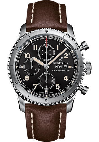 Breitling Aviator 8 Chronograph 43 Watch - Stainless Steel - Black Dial - Brown Calfskin Leather Strap - Folding Buckle - A13316101B1X4 - Luxury Time NYC