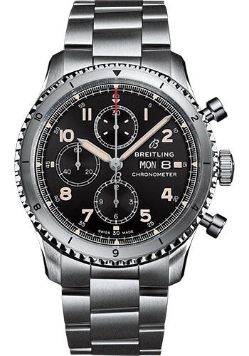 Breitling Aviator 8 Chronograph 43 Watch - Stainless Steel - Black Dial - Metal Bracelet - A13316101B1A1 - Luxury Time NYC