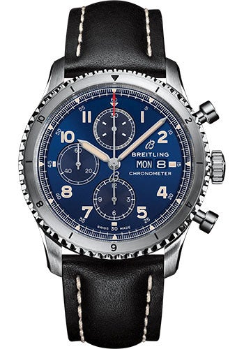 Breitling Aviator 8 Chronograph 43 Watch - Stainless Steel - Blue Dial - Black Calfskin Leather Strap - Tang Buckle - A13316101C1X1 - Luxury Time NYC
