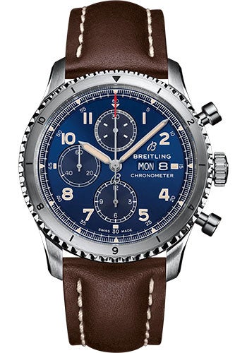 Breitling Aviator 8 Chronograph 43 Watch - Stainless Steel - Blue Dial - Brown Calfskin Leather Strap - Folding Buckle - A13316101C1X4 - Luxury Time NYC