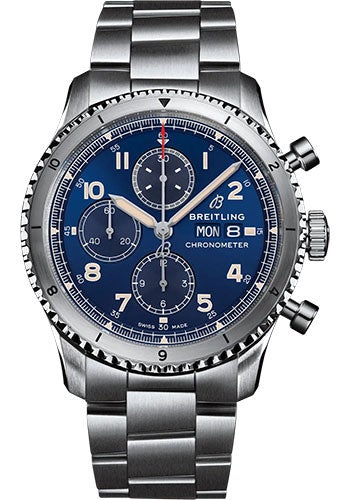 Breitling Aviator 8 Chronograph 43 Watch - Stainless Steel - Blue Dial - Metal Bracelet - A13316101C1A1 - Luxury Time NYC