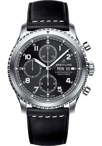 Breitling Aviator 8 Chronograph 43 Watch - Steel Case - Black Dial - Black Leather Strap - A13314101B1X1 - Luxury Time NYC