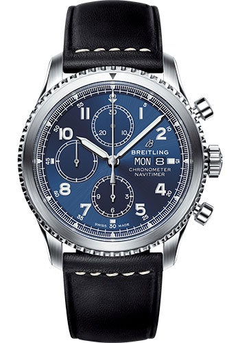 Breitling Aviator 8 Chronograph 43 Watch - Steel Case - Blue Dial - Black Leather Strap - A13314101C1X1 - Luxury Time NYC
