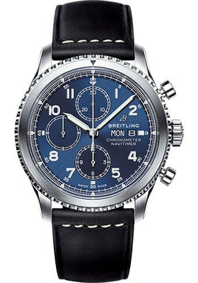 Breitling Aviator 8 Chronograph 43 Watch - Steel Case - Blue Dial - Black Leather Strap - A13314101C1X1 - Luxury Time NYC