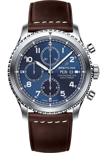 Breitling Aviator 8 Chronograph 43 Watch - Steel Case - Blue Dial - Brown Leather Strap - A13314101C1X2 - Luxury Time NYC