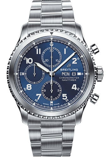 Breitling Aviator 8 Chronograph 43 Watch - Steel Case - Blue Dial - Steel Professional III Bracelet - A13314101C1A1 - Luxury Time NYC