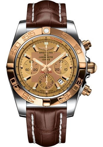 Breitling Chronomat 44 Watch - Steel & Gold - Golden Sun Dial - Brown Croco Strap - Deployant Buckle - CB011012/H548-Croco-Brown-Deployant - Luxury Time NYC