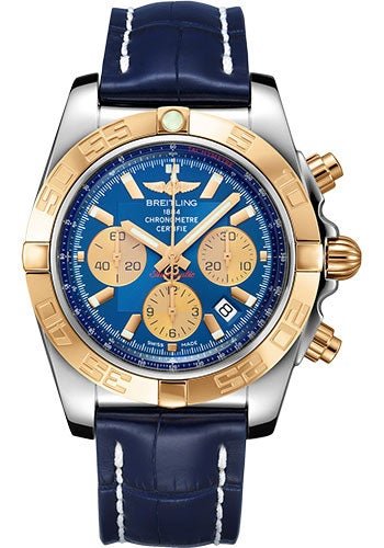 Breitling Chronomat 44 Watch - Steel & Gold - Metallica Blue Dial - Blue Alligator Strap - Tang Buckle - CB0110121C1P1 - Luxury Time NYC
