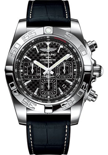 Breitling Chronomat 44 Watch - Steel polished - Carbon Dial - Grey And Black Crocodile Rubber Strap - Folding Buckle - AB011012/BF76/296S/A20D.4 - Luxury Time NYC