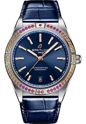 Breitling Chronomat Automatic 36 South Sea Watch - Stainless Steel (Gem-set) - Midnight Blue Dial - Blue Alligator Leather Strap - Folding Buckle - A10380611C1P1 - Luxury Time NYC
