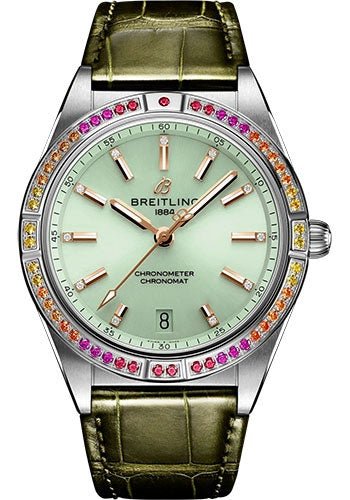 Breitling Chronomat Automatic 36 South Sea Watch - Stainless Steel (Gem-set) - Mint Green Dial - Green Alligator Leather Strap - Folding Buckle - A10380611L1P1 - Luxury Time NYC