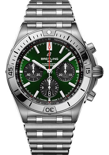 Breitling Chronomat B01 42 Bentley Watch - Stainless Steel - Green Dial - Metal Bracelet - AB01343A1L1A1 - Luxury Time NYC