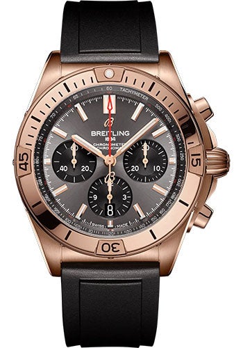 Breitling Chronomat B01 42 Watch - 18K Red Gold - Anthracite Dial - Black Rubber Strap - Folding Buckle - RB0134101B1S1 - Luxury Time NYC