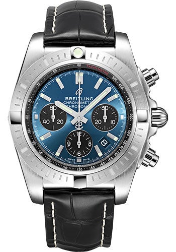 Breitling Chronomat B01 Chronograph 44 Watch - Steel - Blackeye Blue Dial - Black Croco Strap - Folding Buckle - AB0115101C1P4 - Luxury Time NYC