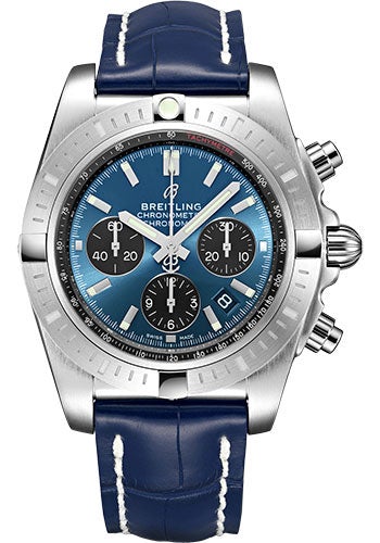 Breitling Chronomat B01 Chronograph 44 Watch - Steel - Blackeye Blue Dial - Blue Croco Strap - Folding Buckle - AB0115101C1P3 - Luxury Time NYC