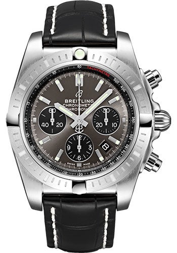 Breitling Chronomat B01 Chronograph 44 Watch - Steel - Blackeye Gray Dial - Black Croco Strap - Folding Buckle - AB0115101F1P2 - Luxury Time NYC