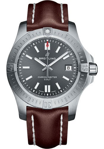 Breitling Chronomat Colt Automatic 41 Watch - Steel Case - Tempest Gray Dial - Brown Leather Strap - A17313101F1X2 - Luxury Time NYC
