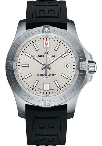 Breitling Colt 41 Automatic Watch - Steel - Silver Dial - Black Diver Pro III Strap - Folding Buckle - A17313101G1S1 - Luxury Time NYC