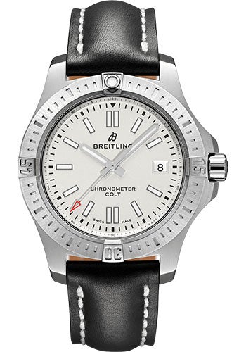 Breitling Colt 41 Automatic Watch - Steel - Silver Dial - Black Leather Strap - Folding Buckle - A17313101G1X2 - Luxury Time NYC