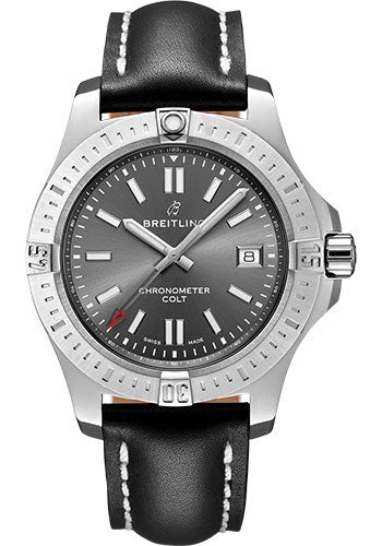 Breitling Colt 41 Automatic Watch - Steel - Tempest Gray Dial - Black Leather Strap - Folding Buckle - A17313101F1X4 - Luxury Time NYC