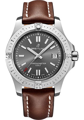 Breitling Colt 41 Automatic Watch - Steel - Tempest Gray Dial - Brown Leather Strap - Folding Buckle - A17313101F1X3 - Luxury Time NYC