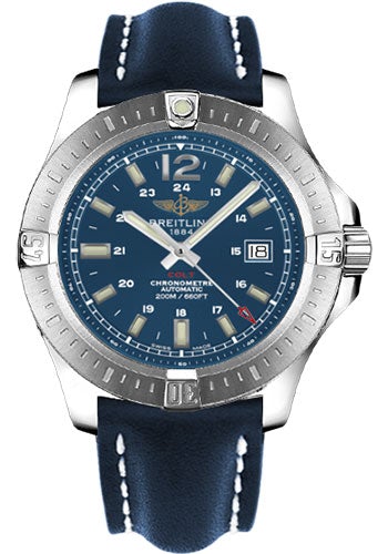 Breitling Colt Automatic Watch - 44mm Steel Case - Mariner Blue Dial - Blue Leather Strap - A1738811/C906/105X/A20BA.1 - Luxury Time NYC
