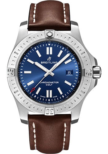 Breitling Colt Automatic Watch - Stainless Steel - Blue Dial - Brown Calfskin Leather Strap - Folding Buckle - A17388101C1X4 - Luxury Time NYC