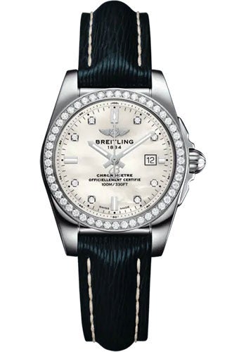 Breitling Galactic 29 Sleek Watch - Stainless Steel - Mother-Of-Pearl Dial - Blue Calfskin Leather Strap - Tang Buckle - A72348531A1X1 - Luxury Time NYC