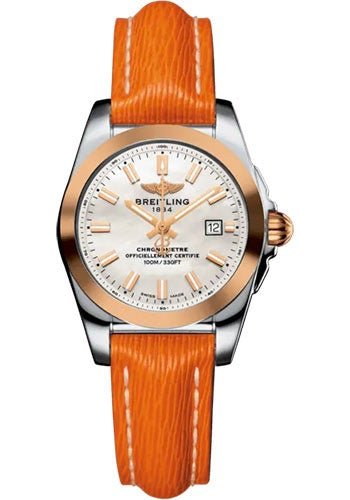 Breitling Galactic 29 Sleek Watch - Stainless Steel - Mother-Of-Pearl Dial - Orange Calfskin Leather Strap - Tang Buckle - C72348121A1X1 - Luxury Time NYC