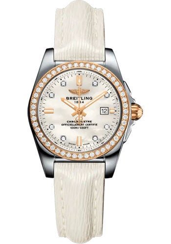 Breitling Galactic 29 Sleek Watch - Stainless Steel - Mother-Of-Pearl Dial - White Calfskin Leather Strap - Tang Buckle - C72348531A1X1 - Luxury Time NYC