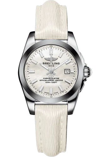 Breitling Galactic 29 Sleek Watch - Steel and Tungsten - Mother-Of-Pearl Dial - White Calfskin Leather Strap - Tang Buckle - W72348121A1X1 - Luxury Time NYC