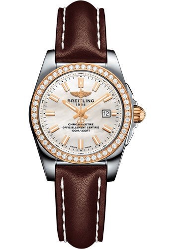 Breitling Galactic 29 Sleek Watch - Steel & rose Gold, gem-set bezel - Mother-Of-Pearl Dial - Brown Leather Strap - Tang Buckle - C7234853/A791/484X/A12BA.1 - Luxury Time NYC