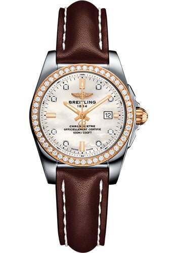 Breitling Galactic 29 Sleek Watch - Steel & rose Gold, gem-set bezel - Pearl Diamond Dial - Brown Leather Strap - Tang Buckle - C7234853/A792/484X/A12BA.1 - Luxury Time NYC