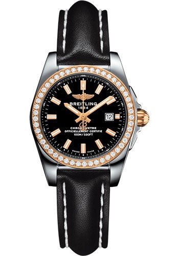 Breitling Galactic 29 Sleek Watch - Steel & rose Gold, gem-set bezel - Trophy Black Dial - Black Leather Strap - Tang Buckle - C7234853/BF32/477X/A12BA.1 - Luxury Time NYC