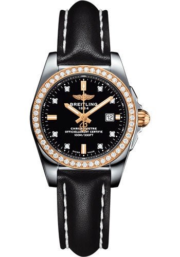Breitling Galactic 29 Sleek Watch - Steel & rose Gold, gem-set bezel - Trophy Black Diamond Dial - Black Leather Strap - Tang Buckle - C7234853/BE86/477X/A12BA.1 - Luxury Time NYC