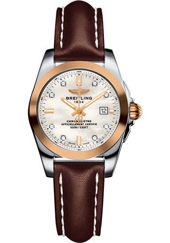 Breitling Galactic 29 Sleek Watch - Steel & rose Gold - Pearl Diamond Dial - Brown Leather Strap - Tang Buckle - C7234812/A792/484X/A12BA.1 - Luxury Time NYC