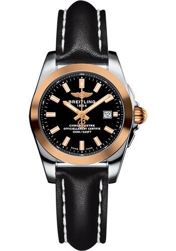 Breitling Galactic 29 Sleek Watch - Steel & rose Gold - Trophy Black Dial - Black Leather Strap - Tang Buckle - C7234812/BF32/477X/A12BA.1 - Luxury Time NYC