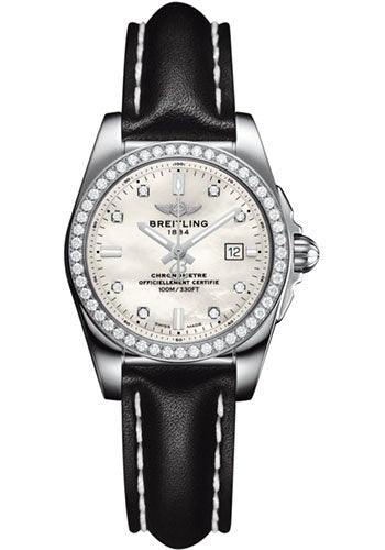 Breitling Galactic 29 SleekT Watch - Steel Case - Mother Of Pearl Dial - Black Leather Strap - A7234853/A785/477X/A12BA.1 - Luxury Time NYC