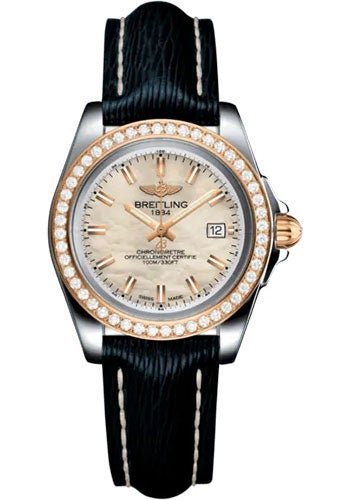 Breitling Galactic 32 Sleek Watch - Steel and 18K Rose Gold - Mother-Of-Pearl Dial - Blue Calfskin Leather Strap - Tang Buckle - C71330531A1X1 - Luxury Time NYC