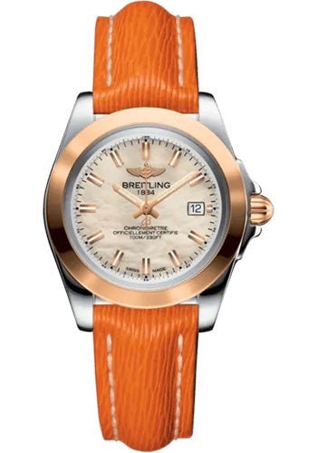 Breitling Galactic 32 Sleek Watch - Steel and 18K Rose Gold - Mother-Of-Pearl Dial - Orange Calfskin Leather Strap - Tang Buckle - C71330121A1X1 - Luxury Time NYC