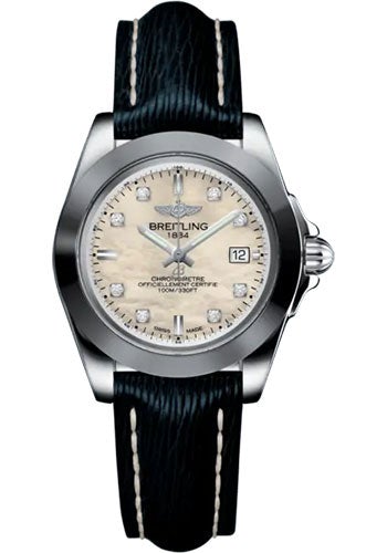 Breitling Galactic 32 Sleek Watch - Steel and Tungsten - Mother-Of-Pearl Dial - Blue Calfskin Leather Strap - Tang Buckle - W71330121A1X1 - Luxury Time NYC