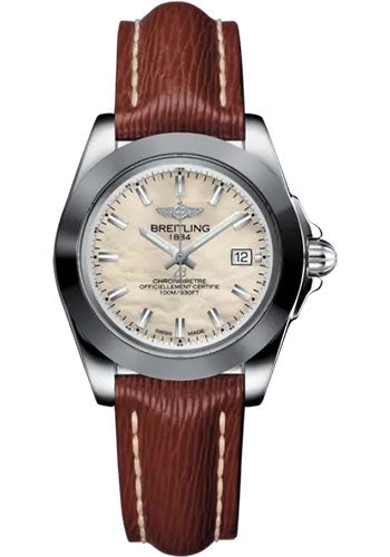 Breitling Galactic 32 Sleek Watch - Steel and Tungsten - Mother-Of-Pearl Dial - Brown Calfskin Leather Strap - Tang Buckle - W71330121A2X1 - Luxury Time NYC