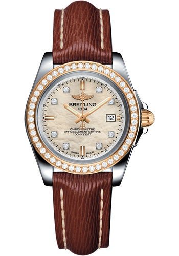Breitling Galactic 32 Sleek Watch - Steel & rose Gold, gem-set bezel - Mother-Of-Pearl Diamond Dial - Brown Sahara Strap - Tang Buckle - C7133053/A803/211X/A14BA.1 - Luxury Time NYC