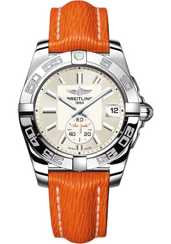 Breitling Galactic 36 Automatic Watch - Stainless Steel - Silver Dial - Orange Calfskin Leather Strap - Tang Buckle - A37330121G1X1 - Luxury Time NYC