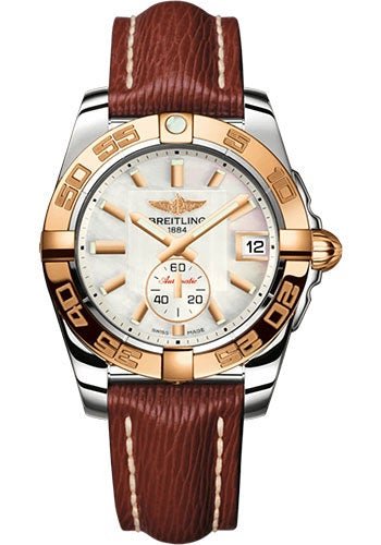 Breitling Galactic 36 Automatic Watch - Steel and 18K Rose Gold - Mother-Of-Pearl Dial - Brown Calfskin Leather Strap - Tang Buckle - C37330121A1X1 - Luxury Time NYC