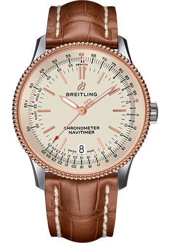Breitling Navitimer 1 Automatic 38 Watch - Steel and Red Gold Case - Silver Dial - Gold Croco Strap - U17325211G1P1 - Luxury Time NYC