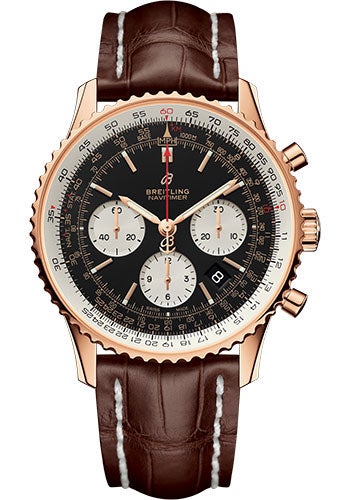 Breitling Navitimer 1 B01 Chronograph 43 Watch - Red Gold Case - Black Dial - Brown Croco Strap - RB0121211B1P1 - Luxury Time NYC